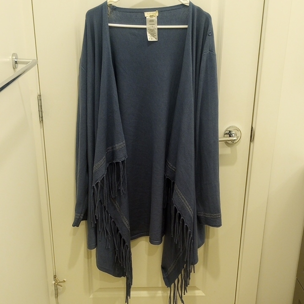 Laura Plus Blue Fringe Cardigan Shawl Sweater Womens 2X